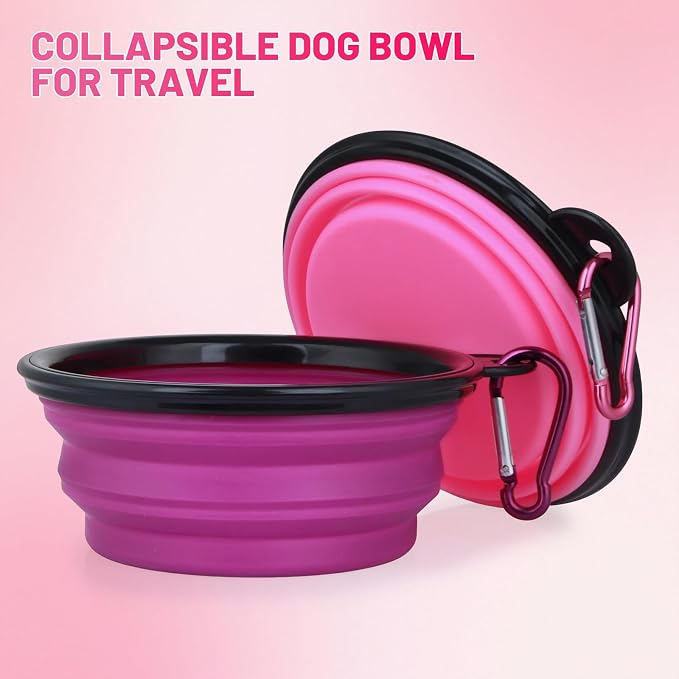 Dog Bowl Collapsible, 2 Pack, with Carabiners, Small, Pink+Purple