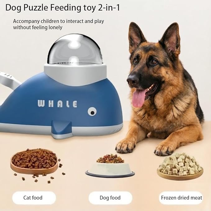 Interactive Dog Treat Dispenser Toy, Whale Shape Puzzle Feeder with Press Button and Rotating Design, Blue and White, Slow Feeding Game for Dogs and Cats