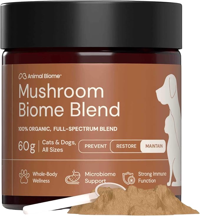 Animal Biome Organic Mushroom Powder for Dogs & Cats, Easy Food Topper 60g