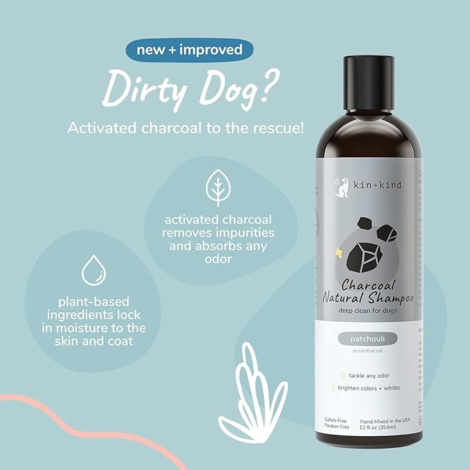 kin+kind Charcoal Natural Dog Shampoo - Deep Cleaning & Odor Control - Patchouli Fragrance - 12 fl oz