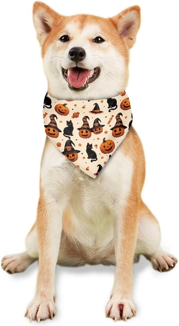 Jeiento Halloween Dog Bandanas Washable Soft Halloween Orange Pumpkin Bibs Scarf Adjustable Kerchief for, Polyester, Orange