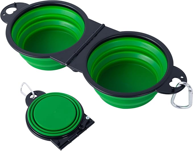 SLSON Collapsible Dog Dual Bowls with Lock Clips, Green