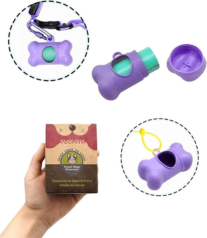 Dog Poop Bags Holder Dispenser with Leak-Proof Scented Doggy Waste Bags and Carabiner Plus Hook and Loop Fastener Never Loose on Leash Lead Again (Purple, 1 Holder 195 Bags)