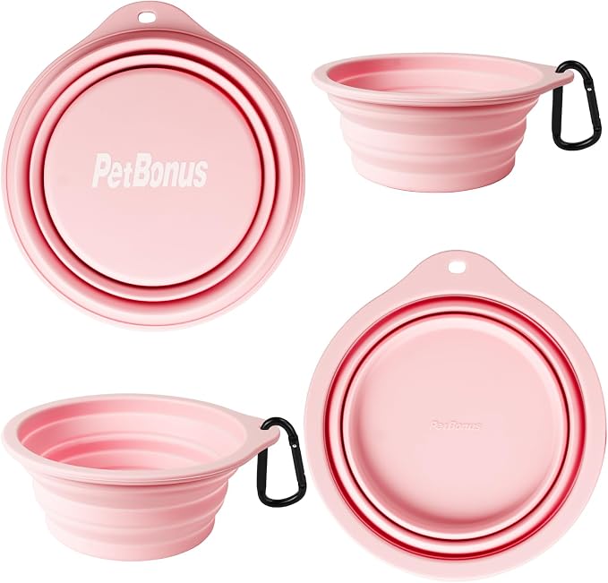 PetBonus Large Collapsible Dog Bowls, 2 Pack, 34oz, Grey, Chalk Pink