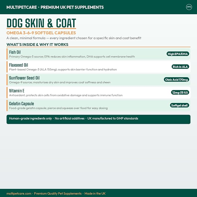 Dog Skin & Coat Supplement | Omega 3-6-9 Softgel Capsules | EPA, DHA & Linoleic Acid | Reduces Itching, Shedding & Dry Skin | Visibly Shinier Coat | Human Grade Ingredients | UK GMP | 120 Count