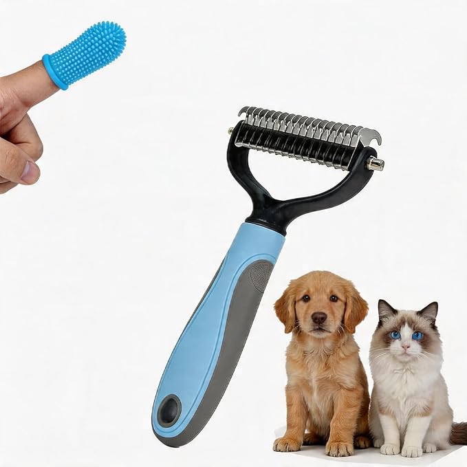 Dog Finger Toothbrush Combo& Undercoat Rake Brush for Dogs and Cats, Double Sided Shedding and Dematting Tool for Long Haired Pets, Extra Wide Grooming Brush with Flea (Blue)