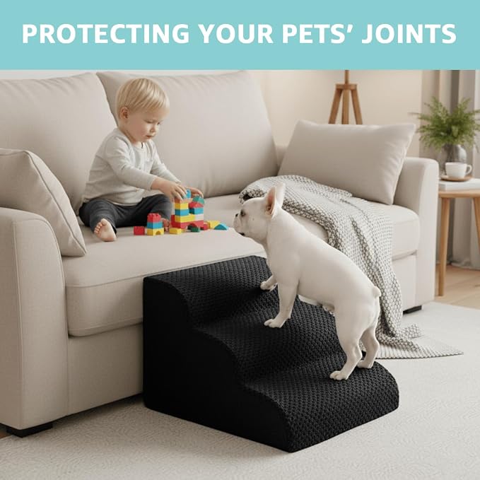 Oiilores Dog Stairs for Small Dogs 19" H, 4-Step Dog Steps Ramp for High Beds and Couch with Anti-Slip Washable Cover and Durable High Density Foam, Pet Stairs for Cats, Black