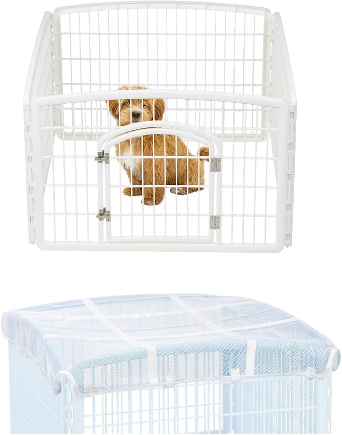 IRIS USA 24" Exercise 4-Panel Pet Playpen with Door + Mesh Top Cover for Dog Playpen, Dog Playpen, Puppy Playpen, for Small and Medium Dogs, Keep Pets Secure, Easy Assemble, Durable Material, White