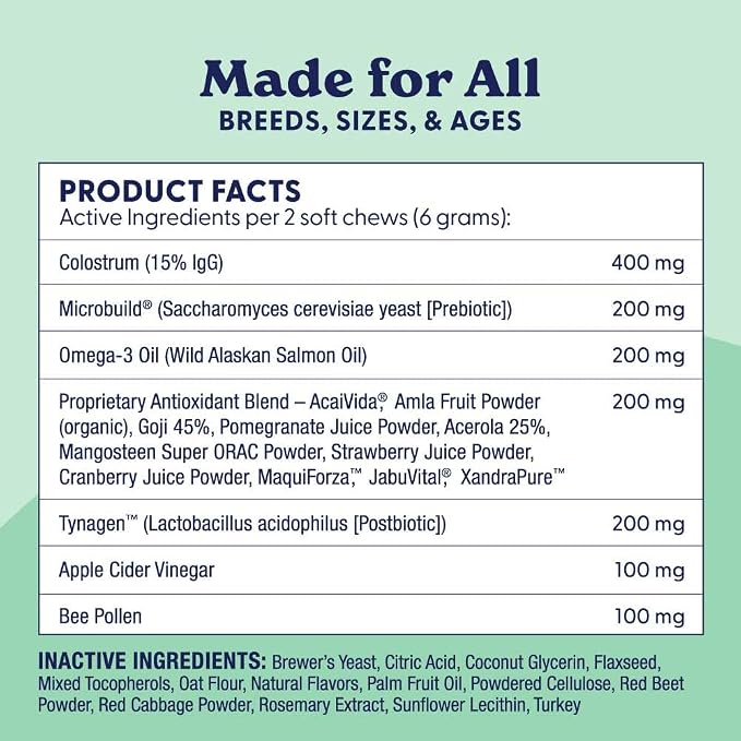 Origin Labs Allergy and Immune Support Supplement, Omega 3 Fish Oil, Bee Pollen, Colostrum, Probiotics, Prebiotics for Gut Health, Skin and Coat Health, Antioxidants, Turkey Flavor, 90 Soft Chews
