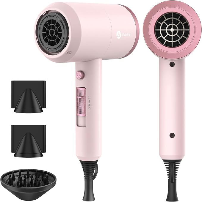 Slopehill Professional Ionic Hair Dryer, Powerful 1800W Fast Drying Low Noise Blow Dryer with 2 Concentrator Nozzle 1 Diffuser Attachments for Home Salon Travel (Pottery Pink and Rose Gold)