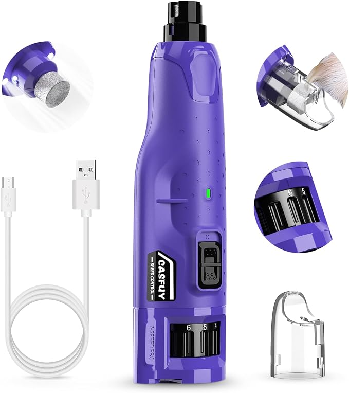 Casfuy 6-Speed Dog Nail Grinder with 2 LED Lights & Dust Cap