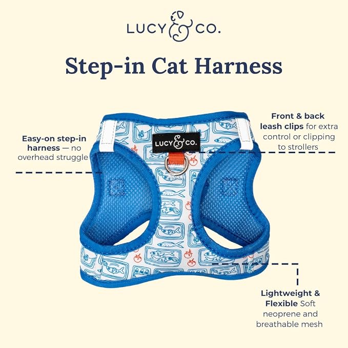 Lucy & Co. Tinned Fish Step-in Cat Harness & Leash Bundle – Reflective, Breathable & Adjustable Harness for Cats, Kittens & Small Dogs, Lightweight & Secure and Dual Leash Clips – Small