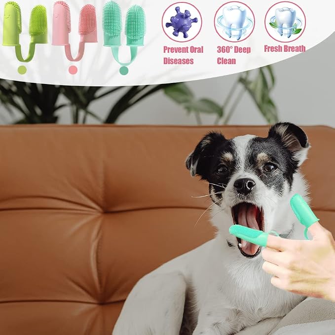 Dog Toothbrush Kit,3 Pack Dogs Finger Tooth Brush,Dental Care,Tow-Finger Teeth Brushing for Cat,Puppy, Small Pet,Food Grade Silicone Easy Cleaning Brushes for Cats and Large Pets