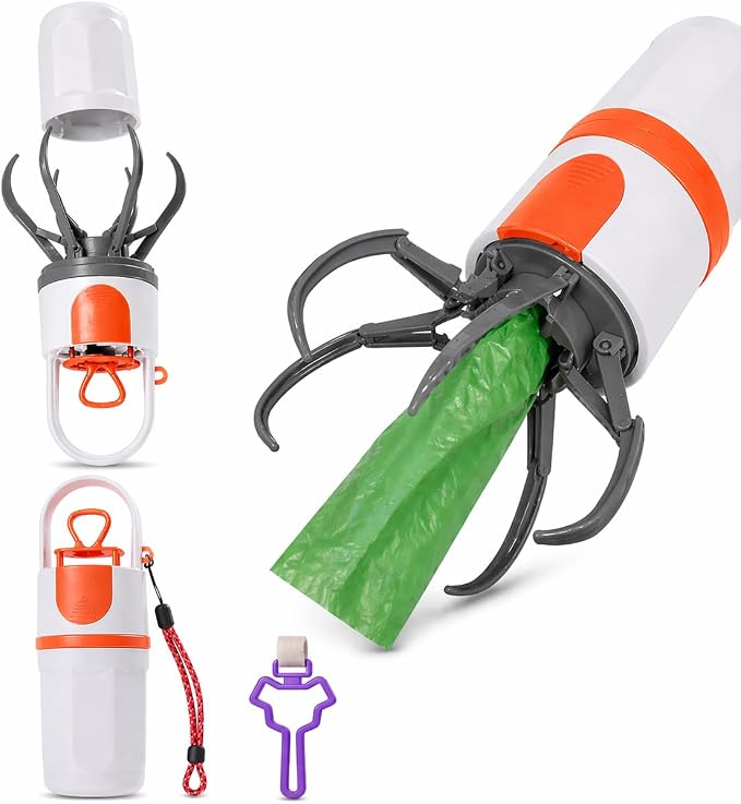 Portable Dog Poop Scooper for Walks, One-Handed No-Touch Pet Waste Pickup Claw with Used Poop Bag Holder Clip, Compact Travel Pooper Scooper for Dog Walking, Orange Gray (White Orange)