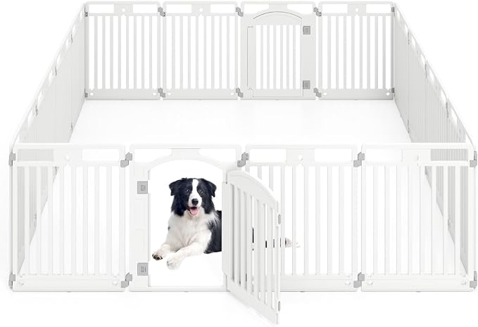 PETSITE 16-Panel Plastic Dog Playpen with Door, 32 Inch Tall Portable Shape-Customizable Pet Playpen Indoor Outdoor, Ideal for Small & Medium Dogs and Puppies, Easy to Assemble