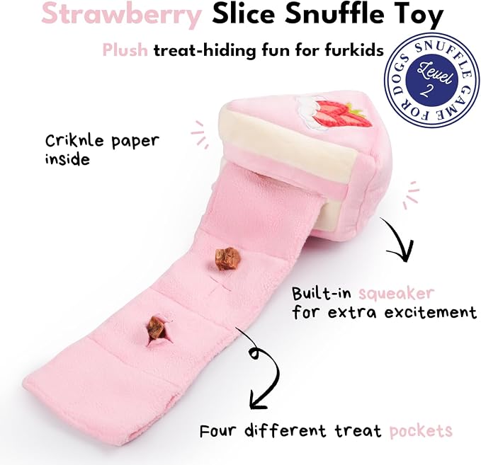 CHEWFFON Dog Interactive Toy, Snuffle Strawberry Cake for Enrichment | Squeaky & Crinkle Puzzle, Boredom & Mental Stimulation, Indoor Brain Game for Small Medium Dogs, Birthday Gift