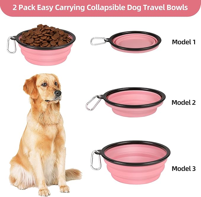 Kytely Large Collapsible Dog Bowls, 2 Pack, 34oz, Pink+Grey