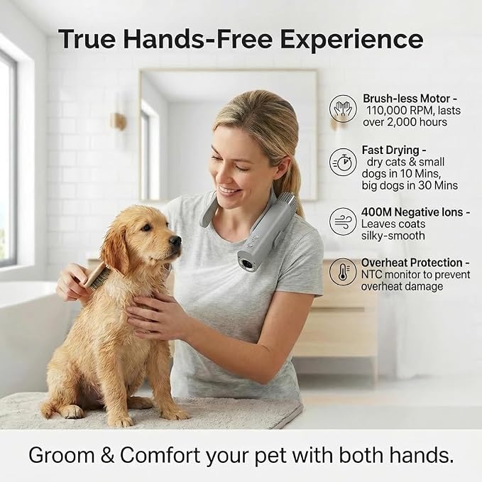 Hands Free Neck Hanging Pet Dryer, Portable Compact Dog Blow Dryer for Dogs Cats, Lightweight Low Noise Grooming Dryer with Adjustable Speed & Temperature