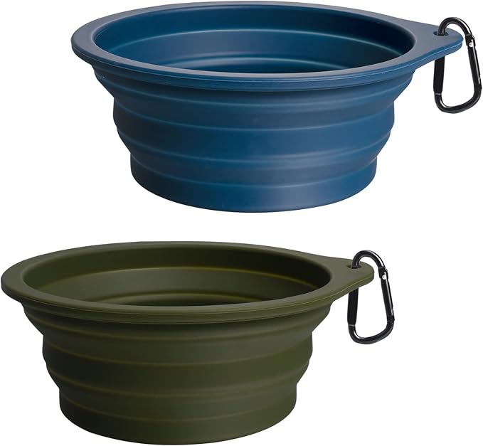 PetBonus Collapsible Dog Bowls, 2 Pack, Army Green, Navy Blue