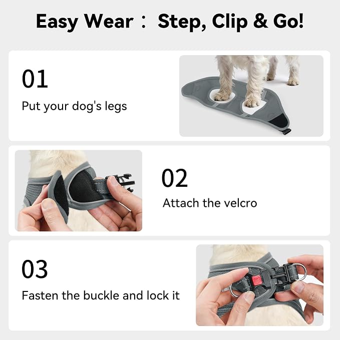 Joytale Step-in Dog Harness, Soft Breathable Mesh, Gray L | Adjustable Fit for Small Dogs, Easy Step-in with Secure Fastener, Even Chest Pressure, Reflective For Night Safety, Washable