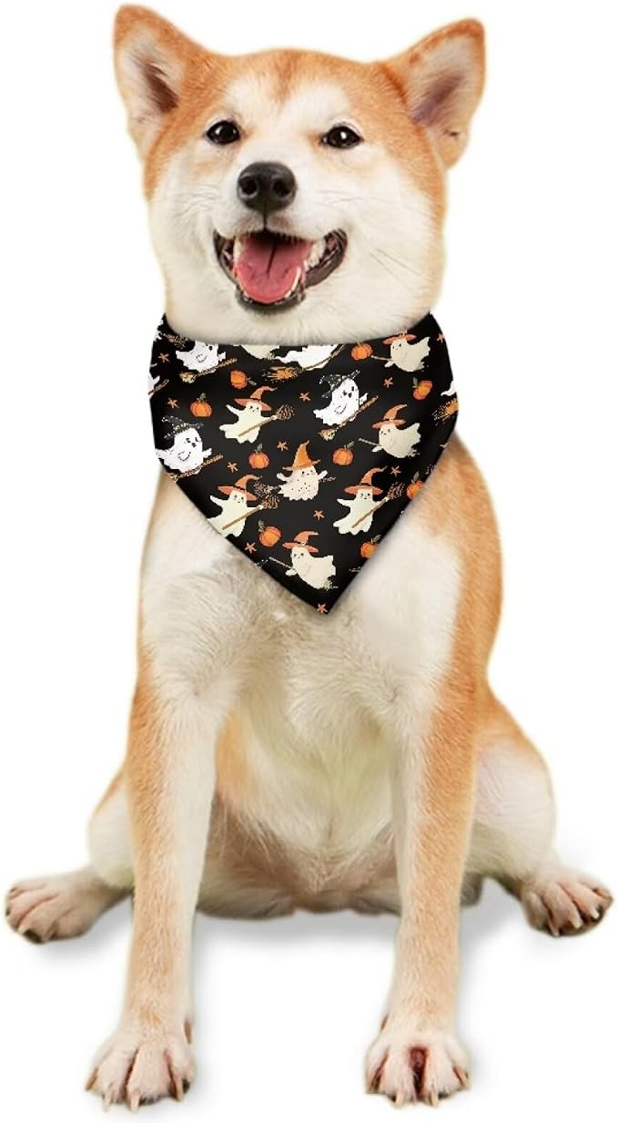 Jeiento Cute Flying Ghost Dog Bandanas Halloween Dog Bandanas Reversible Black Pet Scarf for, Polyester, Black