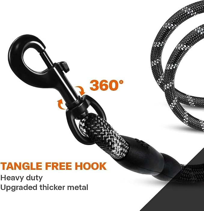 Taglory Rope Dog Leash for Medium Large Dogs, 5 FT Padded Handle, Black | Climbing Rope for Strong Pullers, Reflective for Night Walks and Training, Comfortable Grip, Anti-tangle Swivel Clip 1/2 inch