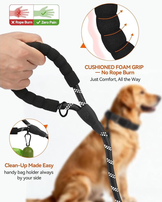 Joytale Rope Dog Leash for Medium Large Dogs, Padded Handle, 6FT, Black | Reinforced Nylon Webbing, Comfort Grip Eases Hand Strain, Swivel Clip Prevents Tangles, Visible at Night, for Outdoor Walks