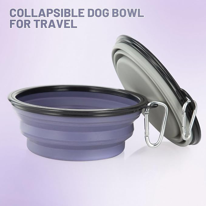 Dog Bowl, Large Collapsible, 2 Pack, with Carabiners, Purple & Concrete Gray