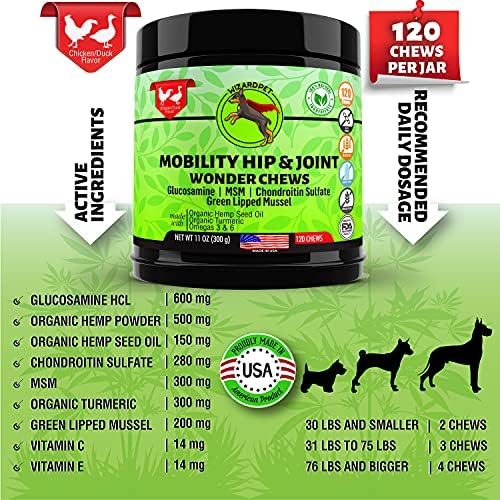 Advanced Hemp Hip and Joint Supplement for Dogs Hemp Oil Glucosamine Chondroitin for Dog Omegas Turmeric MSM Green Lipped Mussel Made in USA Treats Support Mobility 120 Chews