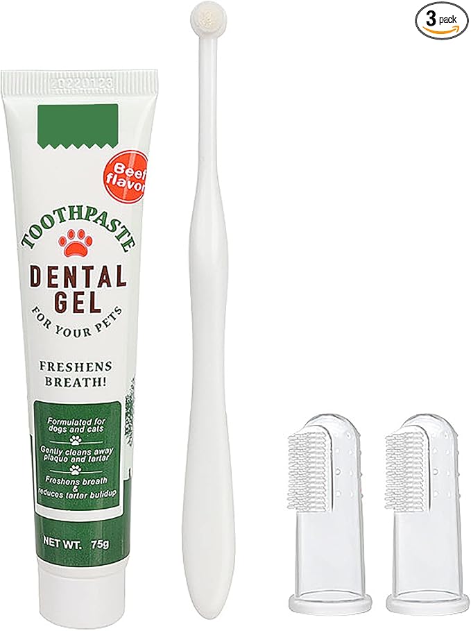 Pet Toothbrush Toothpaste Kit Dog Teeth Cleaning Cat Teeth Cleaning Dental Care Kit Pet Finger Toothbrush, Reduce Plaque & Tartar Buildup, Beef Flavor