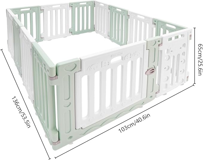 13pcs Dog Playpen w/Door Plastic Puppy Playpen Pet Exercise Pen Indoor Outdoor Fence Configurable Panels Secure Pet Gate for Small to Medium Pets (Green White)