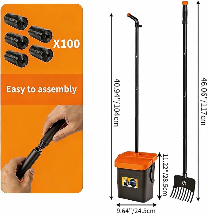 Pooper Scooper for Dogs, 46'' Long Handle Large & Small Breeds, Yard & Outside Waste Pickup, Rake with Bag Attachment & Holder, Litter Scooper, 100 Pet Waste Bags, Pet Supplies & Dog Accessories