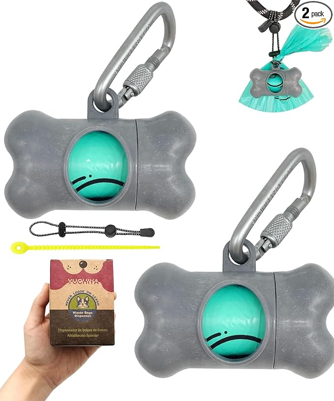 Dog Poop Pickup Bags Holder Dispenser with Standard-Sized Leak-Proof Scented Doggy Waste Bags and Carabiner with Safety Lock&Fastener Never Loose on Leash Lead Again (2 Holders 30 Bags, Grey)