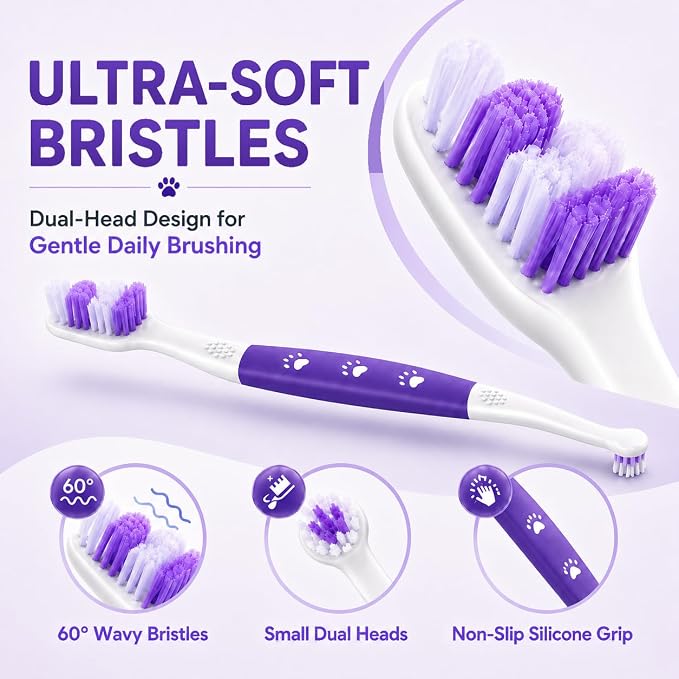 Dog Toothbrush, Dual-Head, for Medium-Large Dogs, Purple | Soft Bristles for Gentle Cleaning, 60° Curved Bristles for Better Coverage, Comfortable for Sensitive Gums