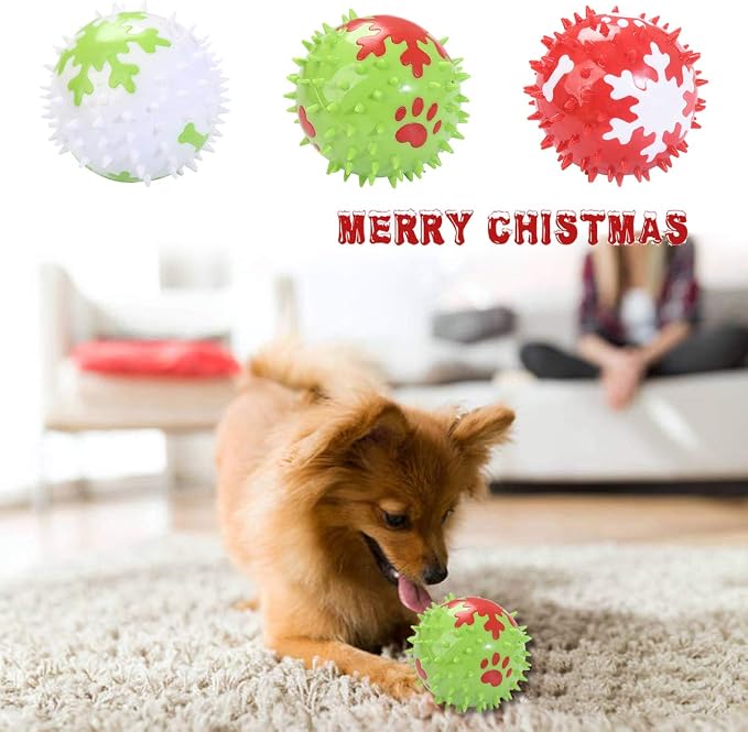 Christmas Squeaky Dog Toys - 3Pcs Spicy Dog Chewing Balls with Snowflake Pattern Xmas Dog Stab Ball Cleaning Teeth Toys Balls with High Bounce for Small Medium Large Pet Dogs