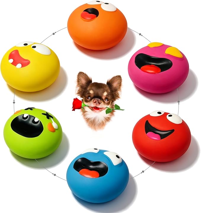 HOLYSTEED Latex Squeaky Dog Toy for Small Dogs, Mini Breeds, 2.2" Flat Ball | 2.2"*2.2"*1.38", 6pcs Flat Dog Squeaky Balls, Smile Face Rubber Puppy Toys, Interactive Pet Toy with Squeaker Indoor, Outdoor