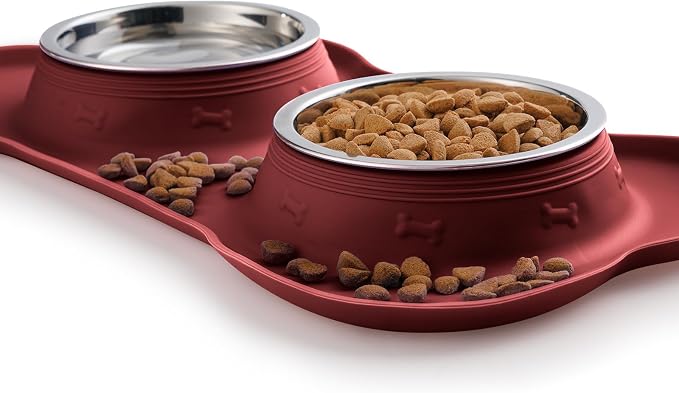 Hubulk Pet Dog Bowls 2 Stainless Steel Dog Bowl with No Spill Non-Skid Silicone Mat + Pet Food Scoop Water and Food Feeder Bowls for Feeding Small Medium Large Dogs Cats Puppies (Large, Burgundy)