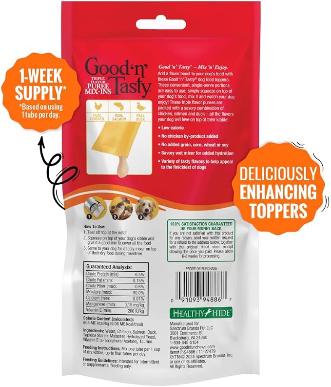 Good 'n' Tasty Triple Flavor Puree Mix-Ins Dog Food Topper Treats for All Dogs, 7 Count, Easy Single-Serve Portions, Added Protein with Chicken, Salmon and Duck (Pack of 2)
