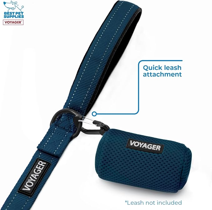 Best Pet Supplies Dog Poop Bag Holder Leash Attachment with 15 Bags, Blue, Reusable Mesh Dispenser Pouch for Travel, Walking, Park, and Outdoor Use, Soft and Durable with Clip-On