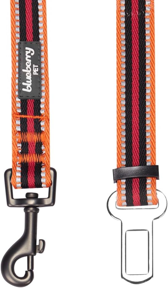 Blueberry Pet 6 Colors 3M Reflective Multi-Colored Stripe Adjustable Dog Seat Belt Tether for Dogs Cats, Orange and Black, Durable Safety Car Vehicle Seatbelts Leads Use with Harness