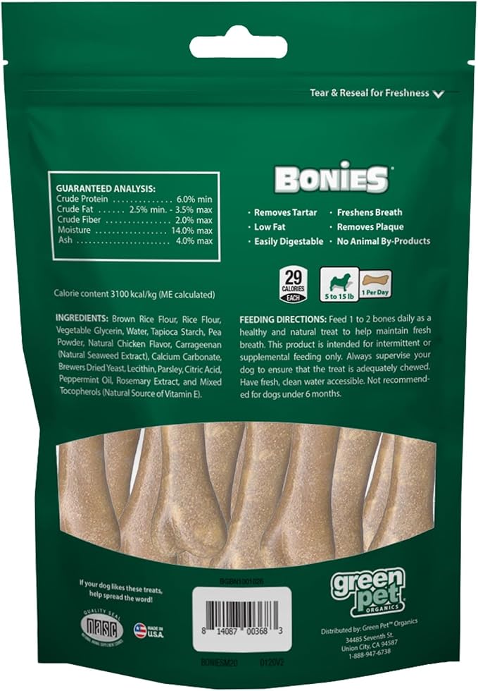 Bonies Natural Breath and Dental Formula Minis-Sized Single Bone - All-Natural Ingredients, Fresh Breath, Cleans Teeth, Low Calories, Chicken Flavor, MINI Dogs, 20 Bones