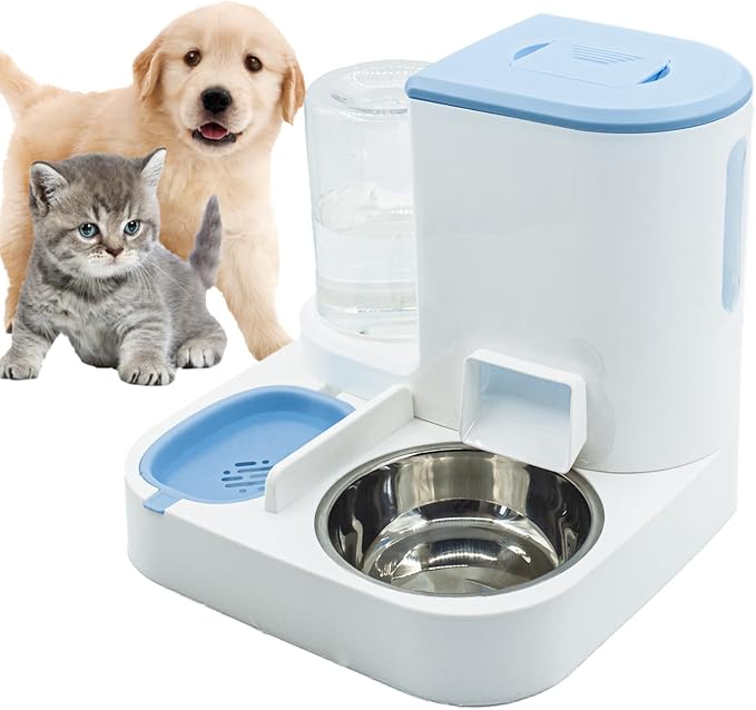 Automatic Cat Food and Water Dispenser Set 2 in 1, 2 in, Stainless Steel, Blue