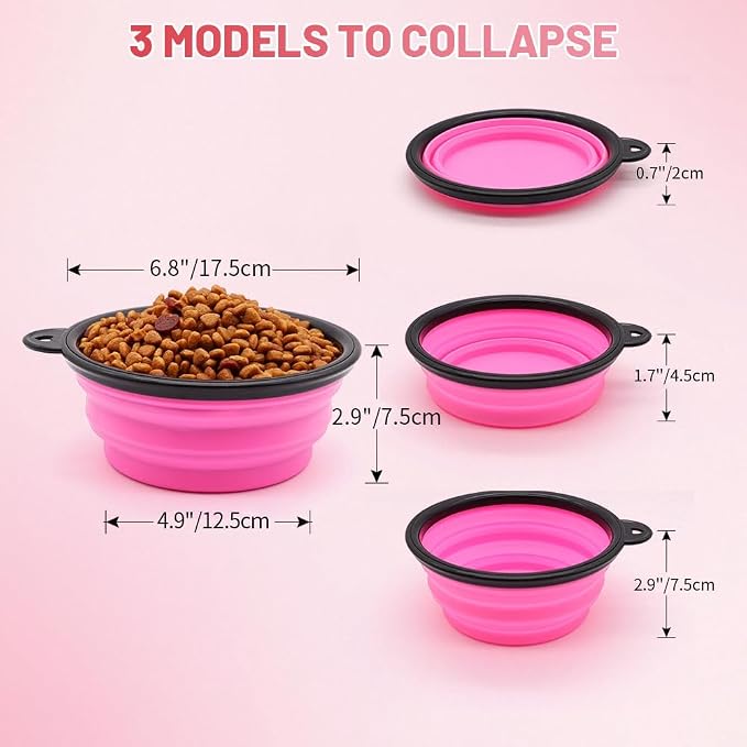 Dog Bowl Collapsible, 2 Pack, with Carabiners, Large, Orange+Pink