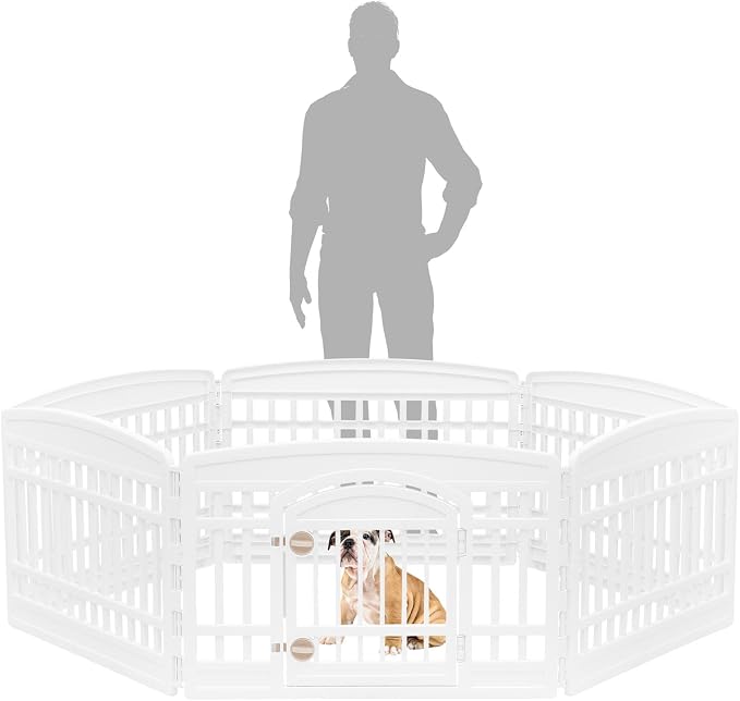 IRIS USA Dog Playpen with Door, 24” 6 Panel Pet Exercise Pen – Indoor Outdoor Puppy Play Pen, Portable Plastic Pet Fence for Small Medium Dogs, Foldable 61” x 61” x 24”, White