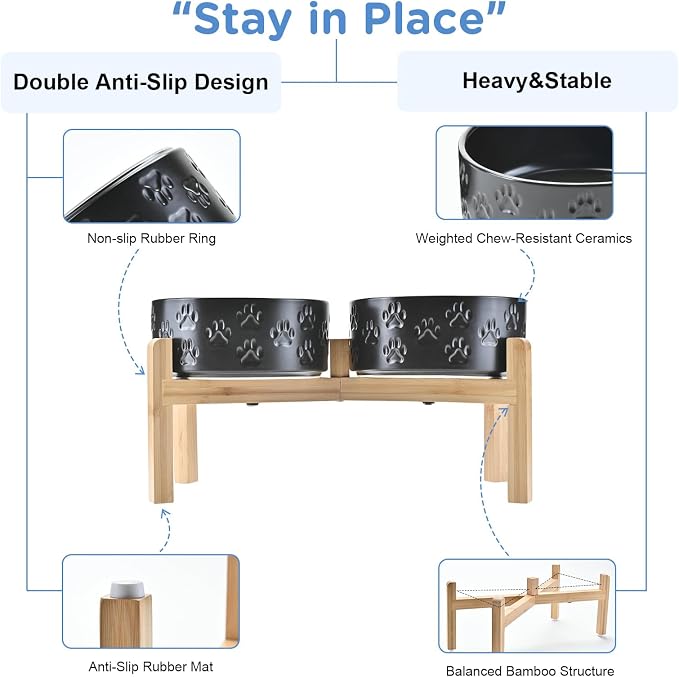 SPUNKYJUNKY Elevated Dog Bowls Ceramic, 7.3'' Dogs Food Water Bowls Raised with Non-Slip Bamboo Stand for Medium to Large Sized Breed Microwave Dishwasher Safe - 42 OZ,Paw Black