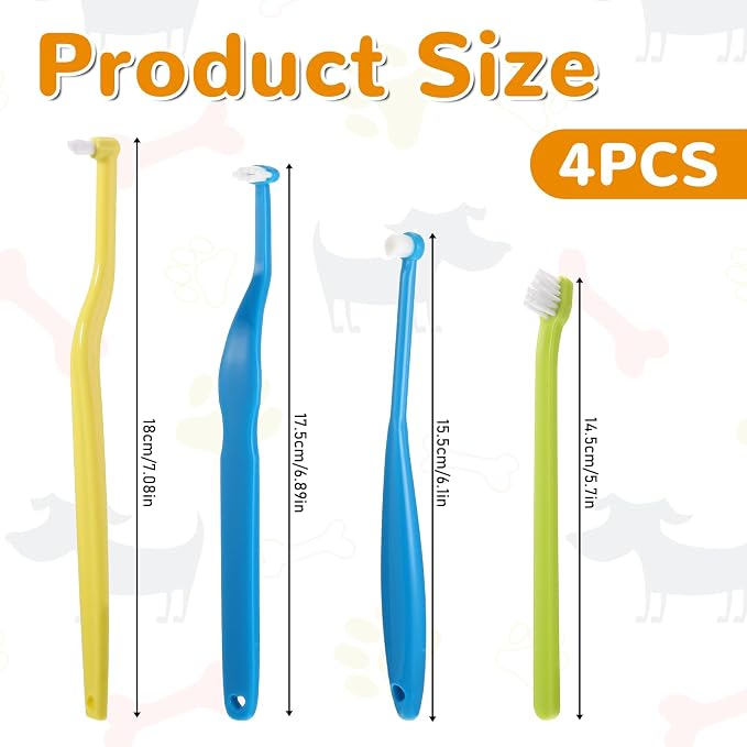 ElevateTech 4pcs Small Dog Toothbrush, Cat & Puppy Tooth Brushing Kit | Mini Tuft Horizontal Head Teeth Brush Deep Dental Teeth Cleaning Dog Tooth Brushing kit for Kitten Tiny Pet Blue Yellow