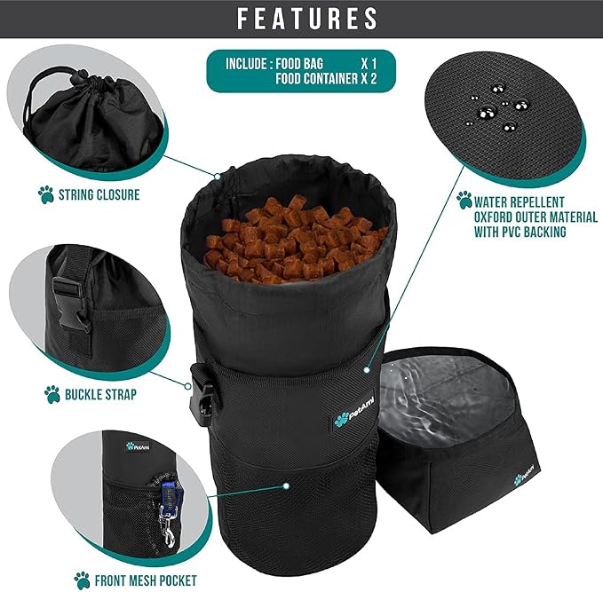 PetAmi Travel Dog Food Bag with 2 Collapsible Bowls, Black & Grey