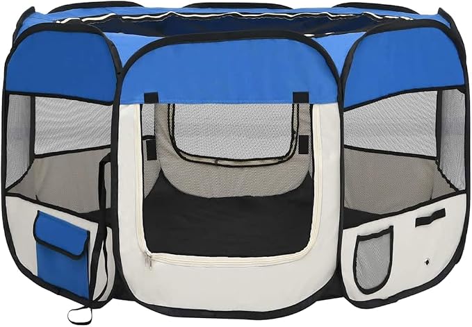 Foldable Dog Playpen with Carrying Bag, 43.3"x43.3"x22.8" Blue Pet Playpen for Training, Sleeping, and Play Area, Sturdy Steel Frame with Mesh Roof and Side Pockets