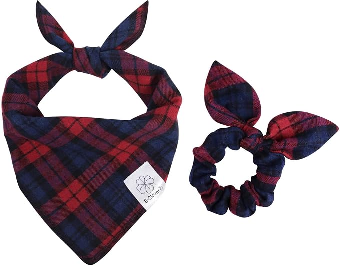 E-Clover Red Blue Plaid Dog Bandanas Girl Matching Scrunchie Medium Large, Large-set of 1, Medium, Red