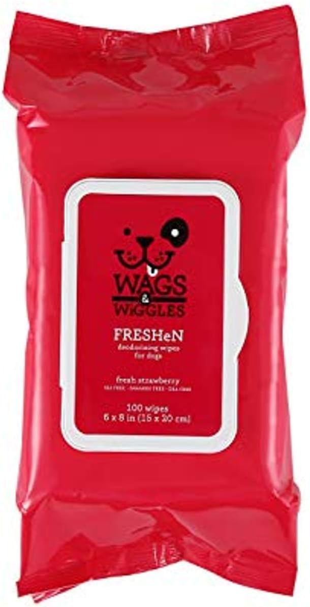 Wags and Wiggles Freshen Deodorizing Wipes for Dogs, Fresh Strawberry Scent - Dog Wipes that Eliminate Odors Between Baths, Easy at-Home Grooming, Dogs and Puppies, 100 Count